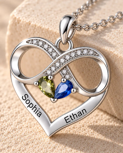 Personalized Birthstone Necklace With 2 Names - Infinity Heart Pendant With Two Pear Simulated Birthstones, Silver