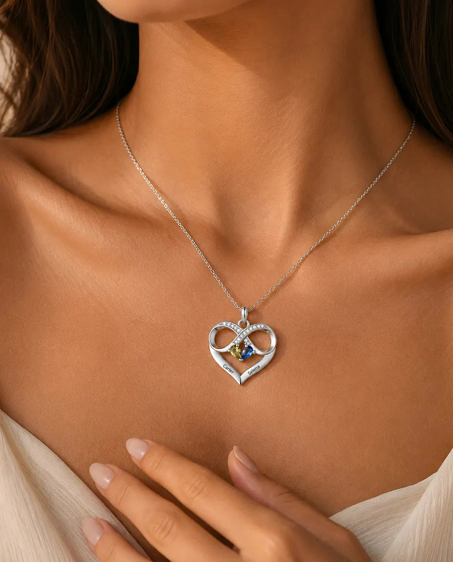Personalized Birthstone Necklace With 2 Names - Infinity Heart Pendant With Two Pear Simulated Birthstones, Silver