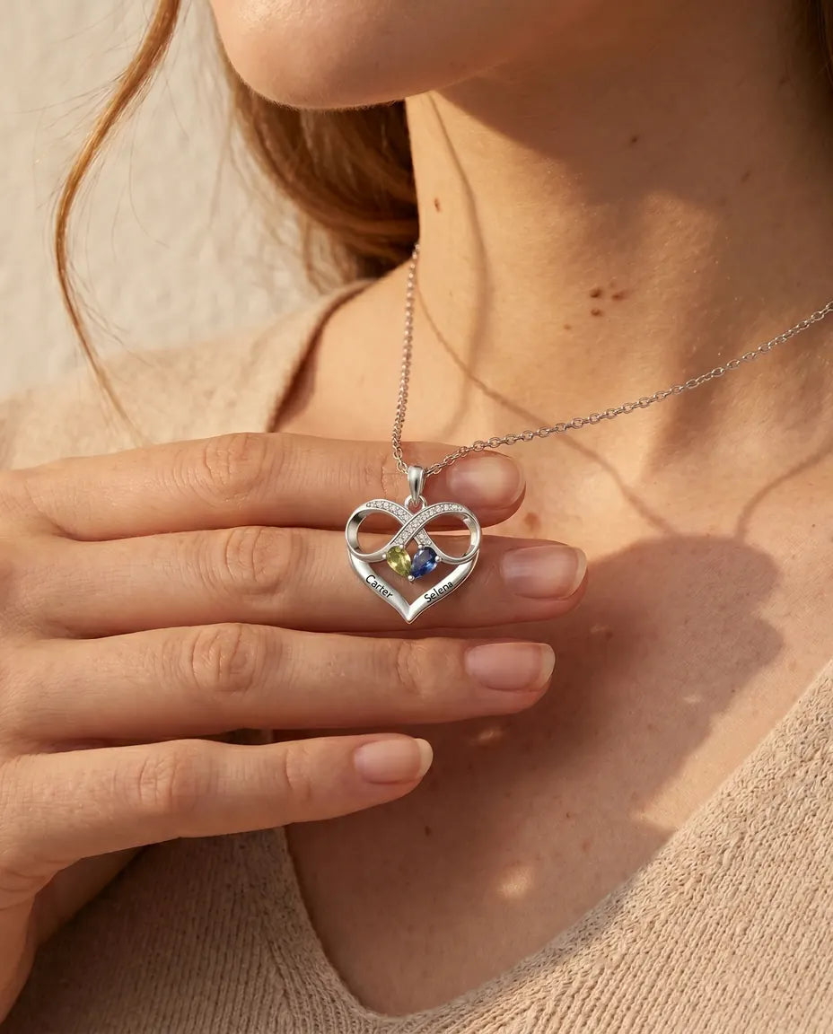 Personalized Birthstone Necklace With 2 Names - Infinity Heart Pendant With Two Pear Simulated Birthstones, Silver