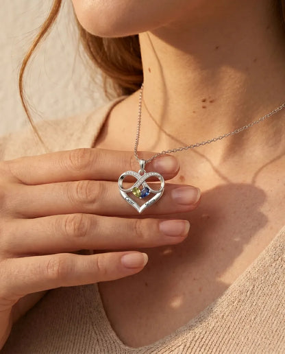 Personalized Birthstone Necklace With 2 Names - Infinity Heart Pendant With Two Pear Simulated Birthstones, Silver