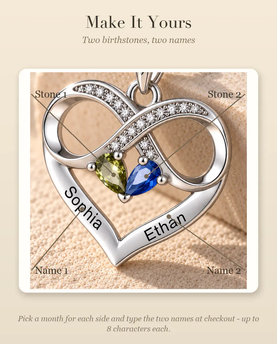 Personalized Birthstone Necklace With 2 Names - Infinity Heart Pendant With Two Pear Simulated Birthstones, Silver