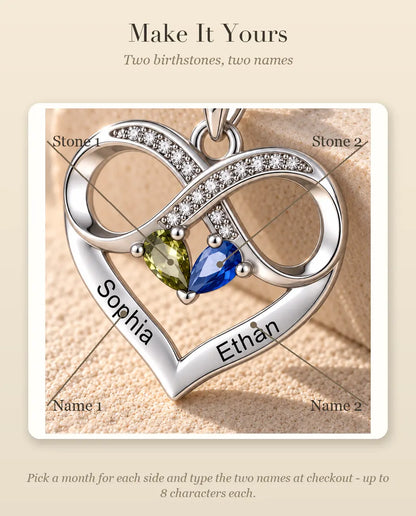 Personalized Birthstone Necklace With 2 Names - Infinity Heart Pendant With Two Pear Simulated Birthstones, Silver