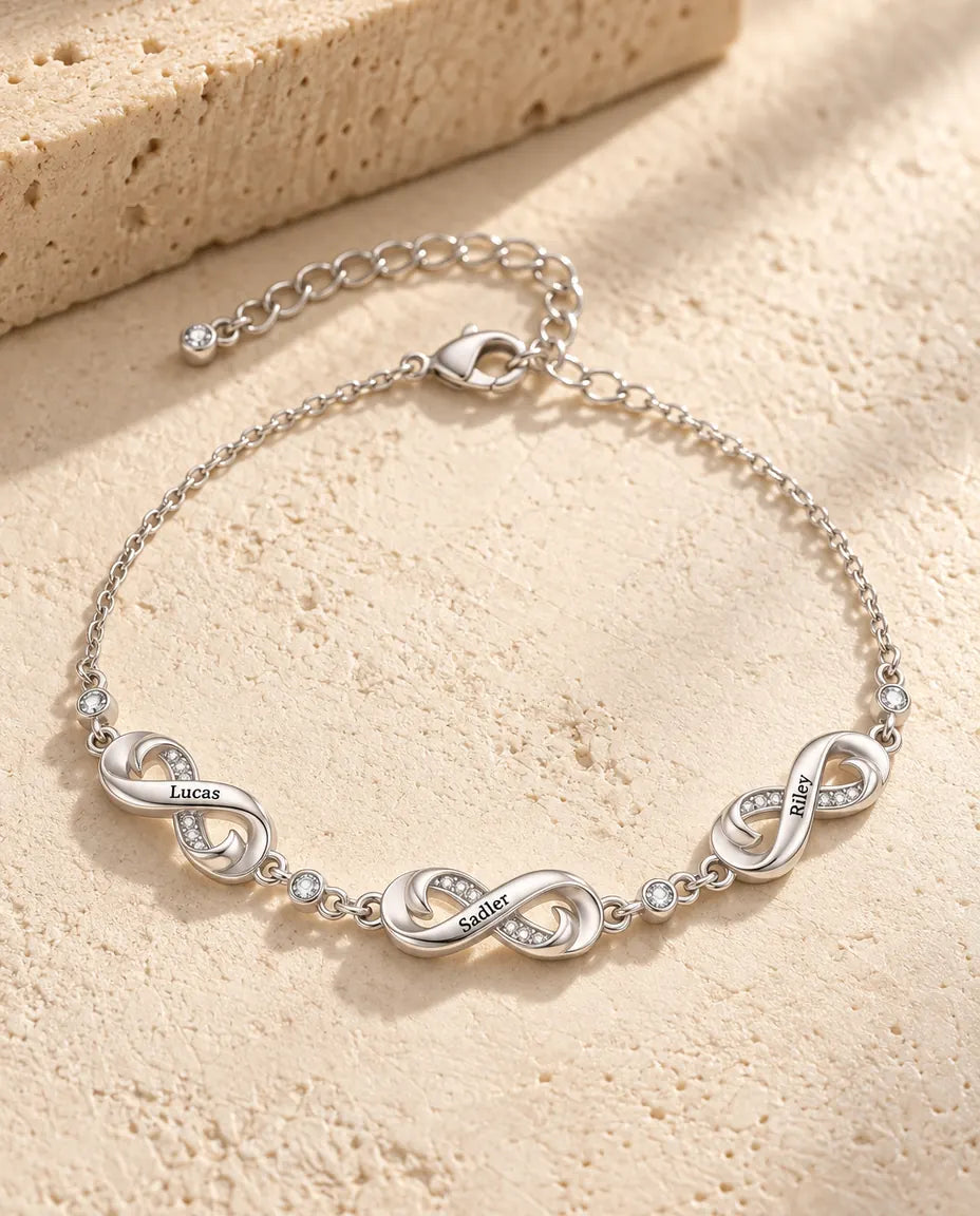Personalized Infinity Name Bracelet With 1-5 Names - Engraved Infinity Charms With Cubic Zirconia, Family or Couples Gift, Silver