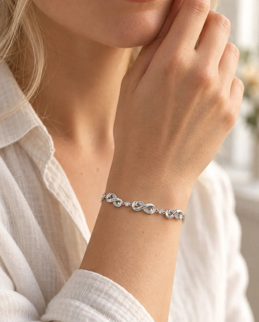 Personalized Infinity Name Bracelet With 1-5 Names - Engraved Infinity Charms With Cubic Zirconia, Family or Couples Gift, Silver