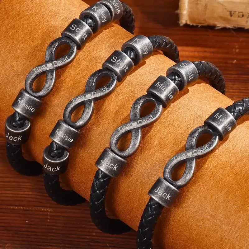 Infinity Men's Leather Bracelet – Personalized Engraved Name, Family Bracelet – Gift for Him, Dad – Birthday, Anniversary