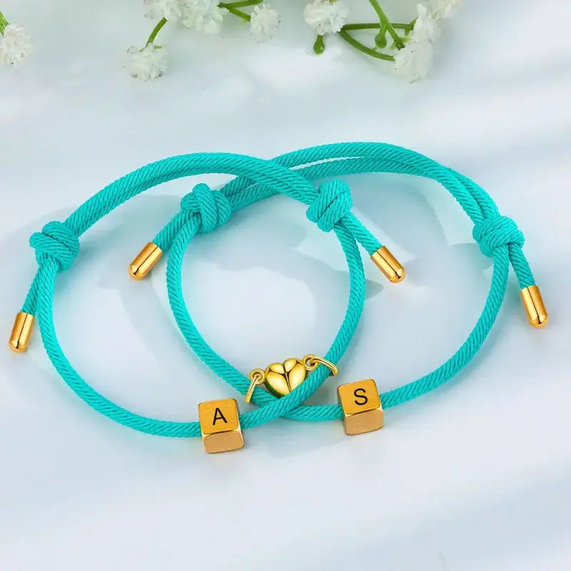 Initial Matching Bracelets for Couples – Magnetic Heart Charms, Stainless Steel, 12 Colors, 2 Pieces, Personalized Anniversary Gift