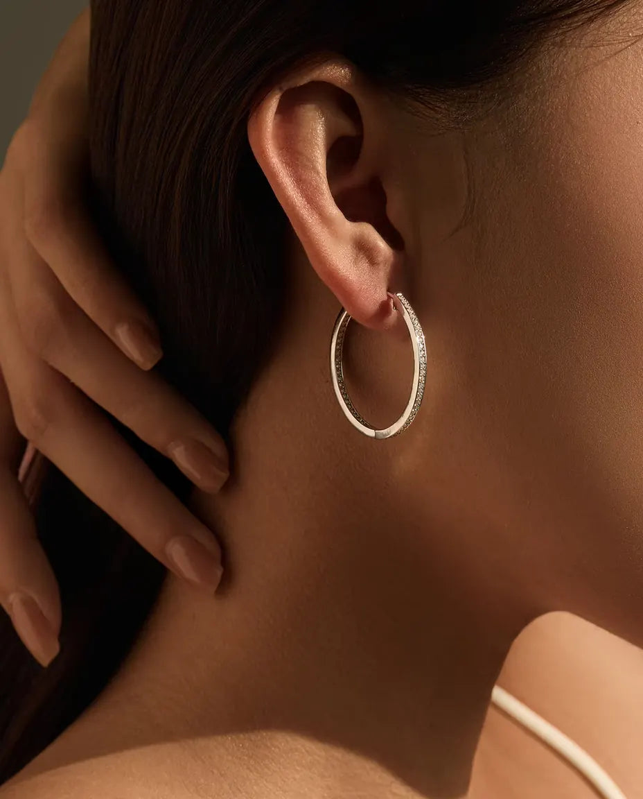 Inside Out Moissanite Hoop Earrings - 32 mm Large Hinged Pave Hoops, 0.88 ct Total D Color, 925 Sterling Silver