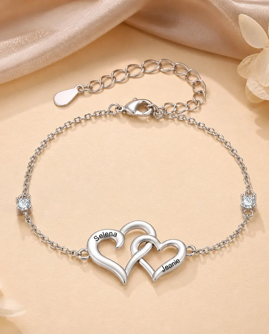 Personalized Double Heart Bracelet With 2 Names - Interlocking Hearts With Two Simulated Birthstones, Silver