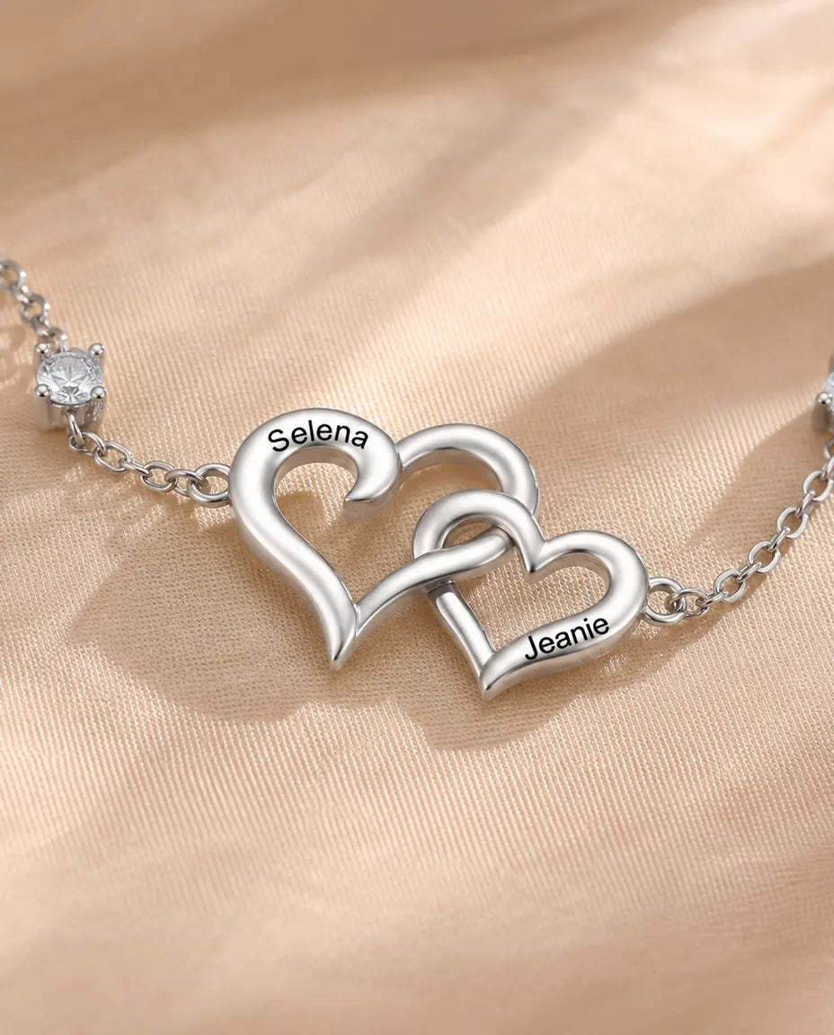 Personalized Double Heart Bracelet With 2 Names - Interlocking Hearts With Two Simulated Birthstones, Silver