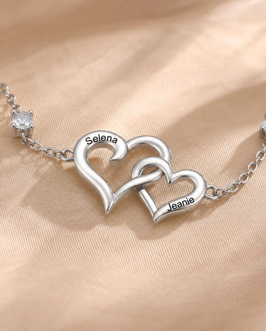 Personalized Double Heart Bracelet With 2 Names - Interlocking Hearts With Two Simulated Birthstones, Silver