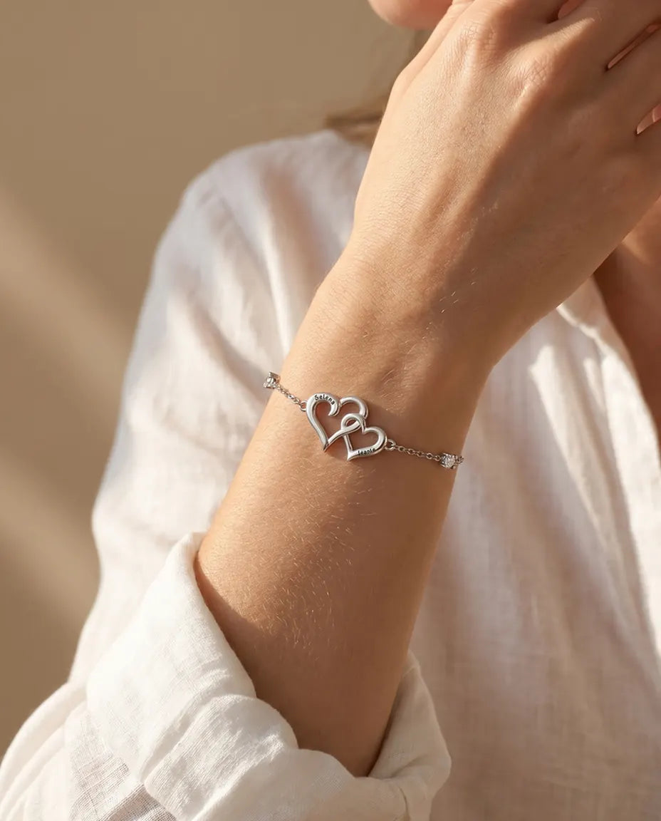 Personalized Double Heart Bracelet With 2 Names - Interlocking Hearts With Two Simulated Birthstones, Silver