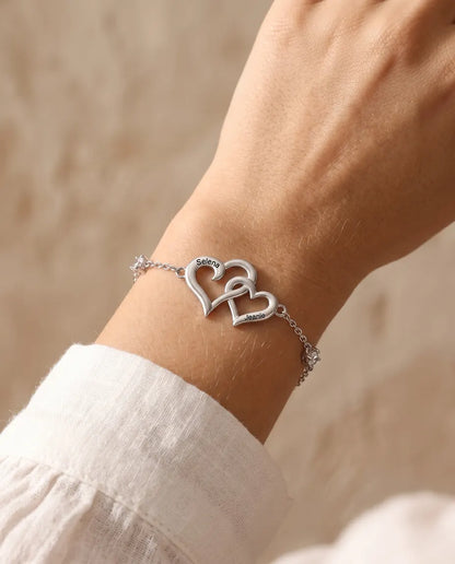 Personalized Double Heart Bracelet With 2 Names - Interlocking Hearts With Two Simulated Birthstones, Silver