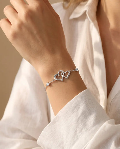 Personalized Double Heart Bracelet With 2 Names - Interlocking Hearts With Two Simulated Birthstones, Silver