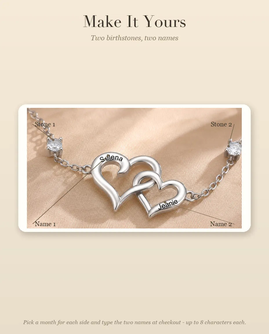 Personalized Double Heart Bracelet With 2 Names - Interlocking Hearts With Two Simulated Birthstones, Silver