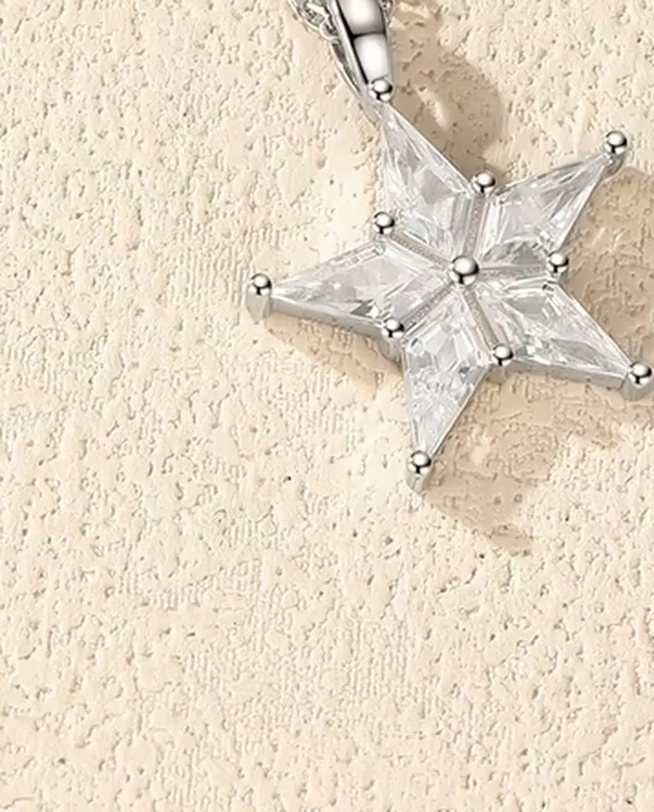 Star Pendant Necklace - Kite Cut Zirconia Five Point Star, 18 mm, on a 40 + 5 cm 925 Sterling Silver Chain