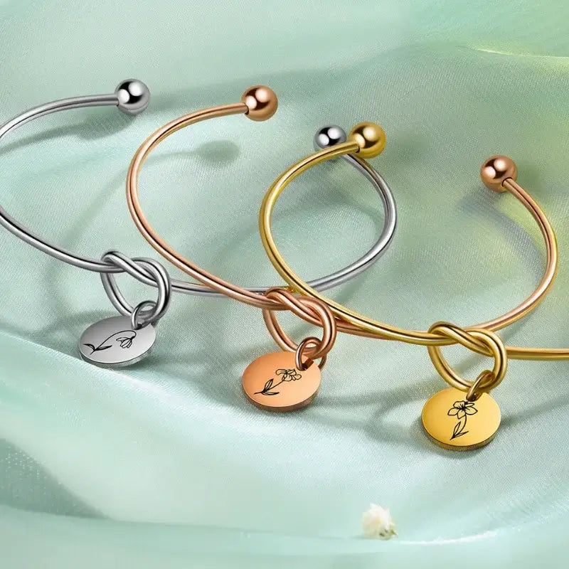 Knotted Heart Birth Flower Bangle, Birth Flower Bracelet Silver/Gold/Rose Gold, Birth Flower Jewelry for Her
