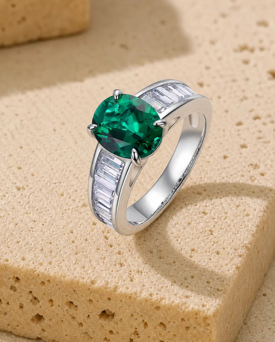Lab emerald oval solitaire ring in sterling silver with baguette channel shoulders