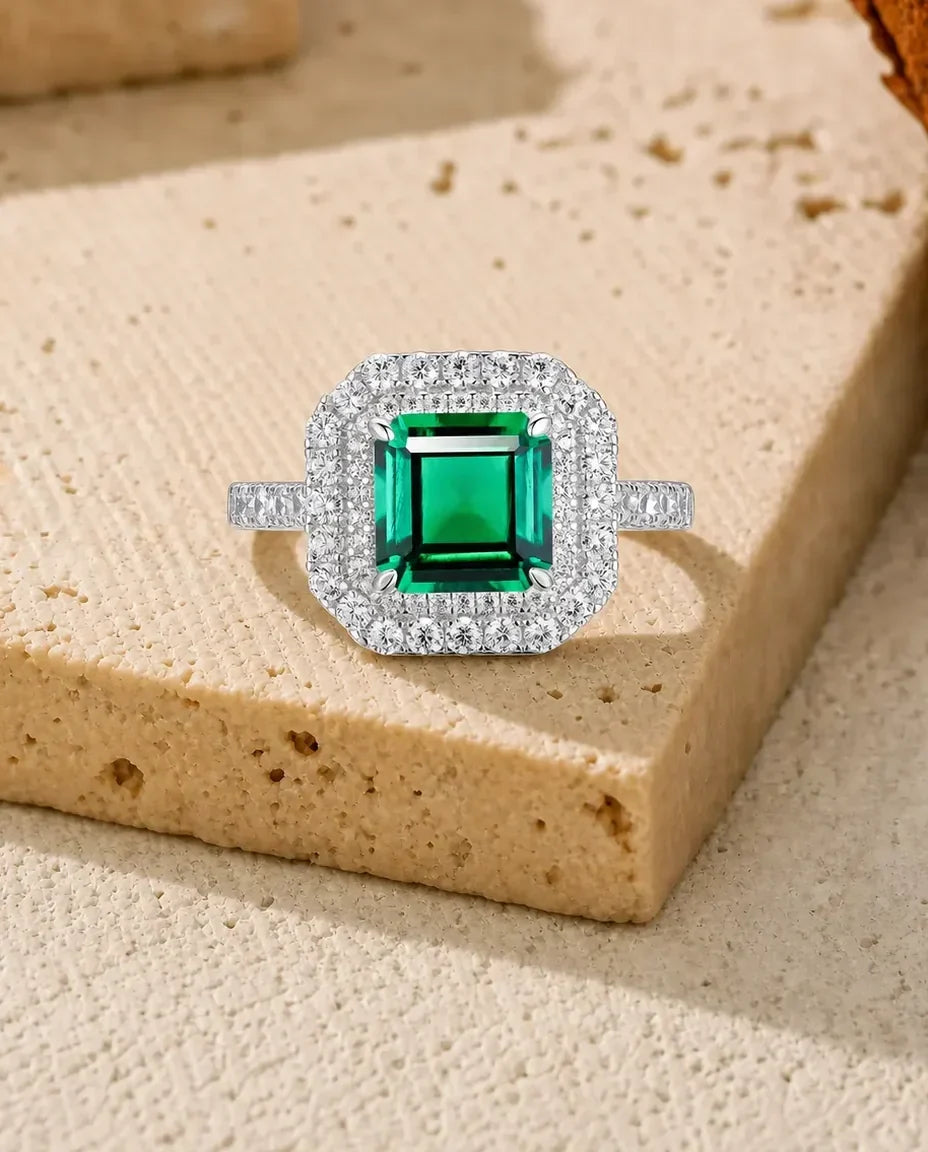 Lab emerald double halo square statement ring in sterling silver with pave shoulders