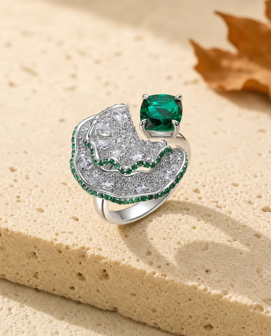 Lab emerald fan statement open ring in sterling silver with pave fan and cushion stone