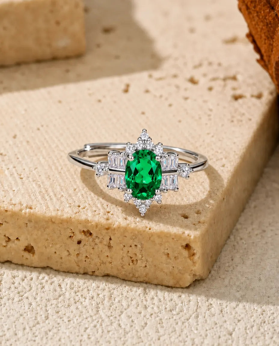 Lab emerald oval snowflake halo adjustable ring in 925 sterling silver