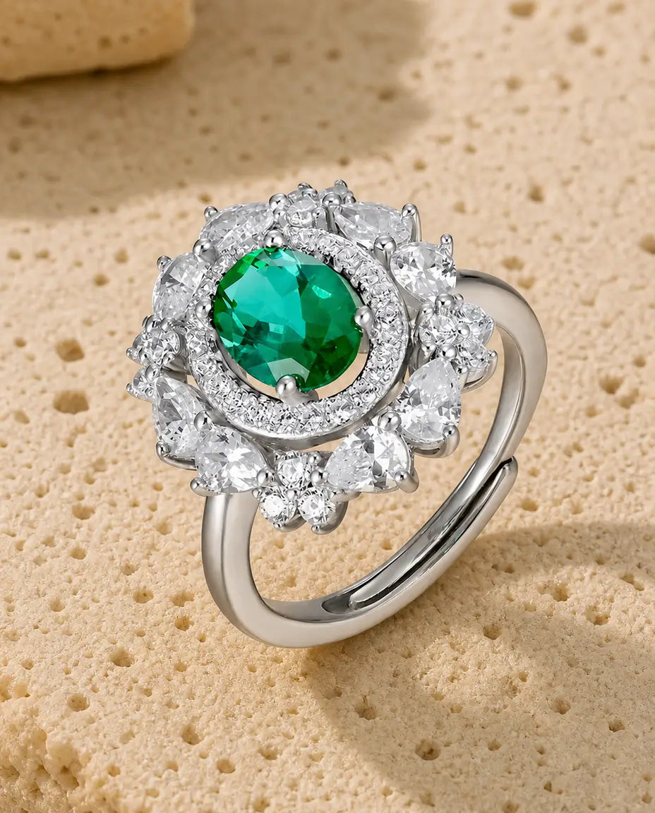 Lab emerald oval vintage halo adjustable ring in sterling silver with flower cluster