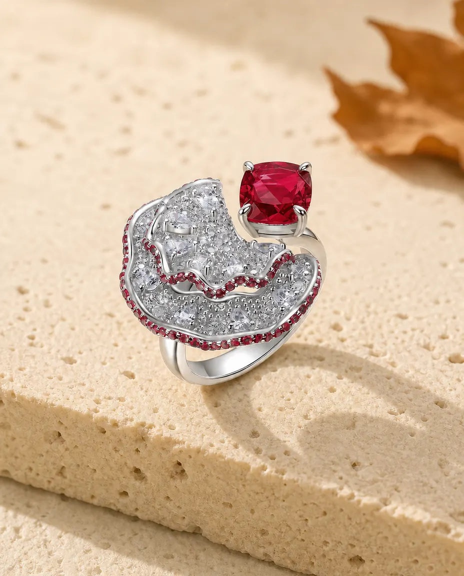 Lab ruby fan statement open ring in sterling silver with pave fan and cushion stone
