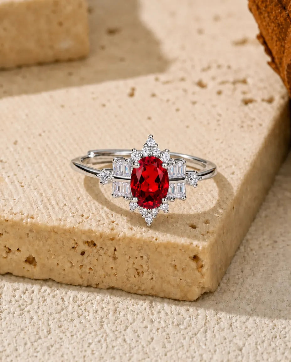 Lab ruby oval snowflake halo adjustable ring in 925 sterling silver
