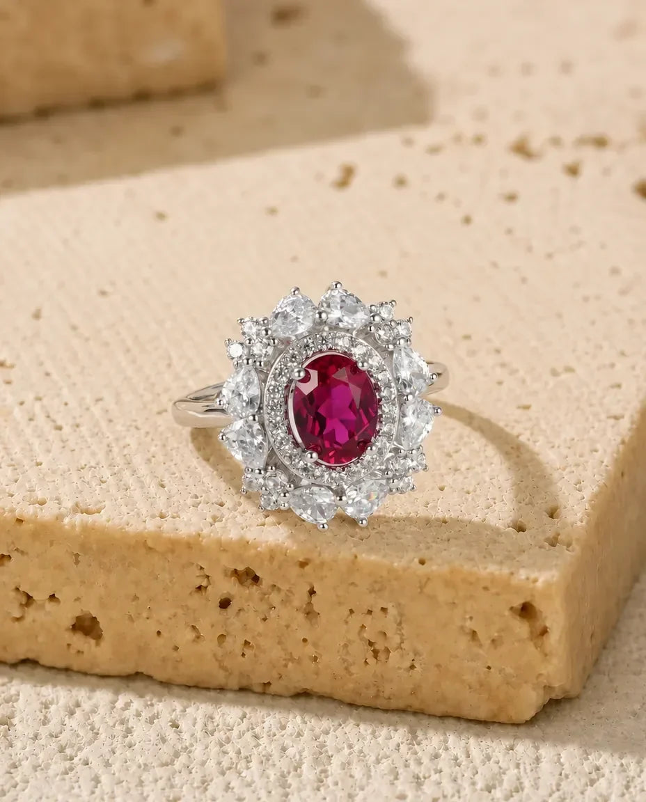 Lab ruby oval vintage halo adjustable ring in sterling silver with flower cluster