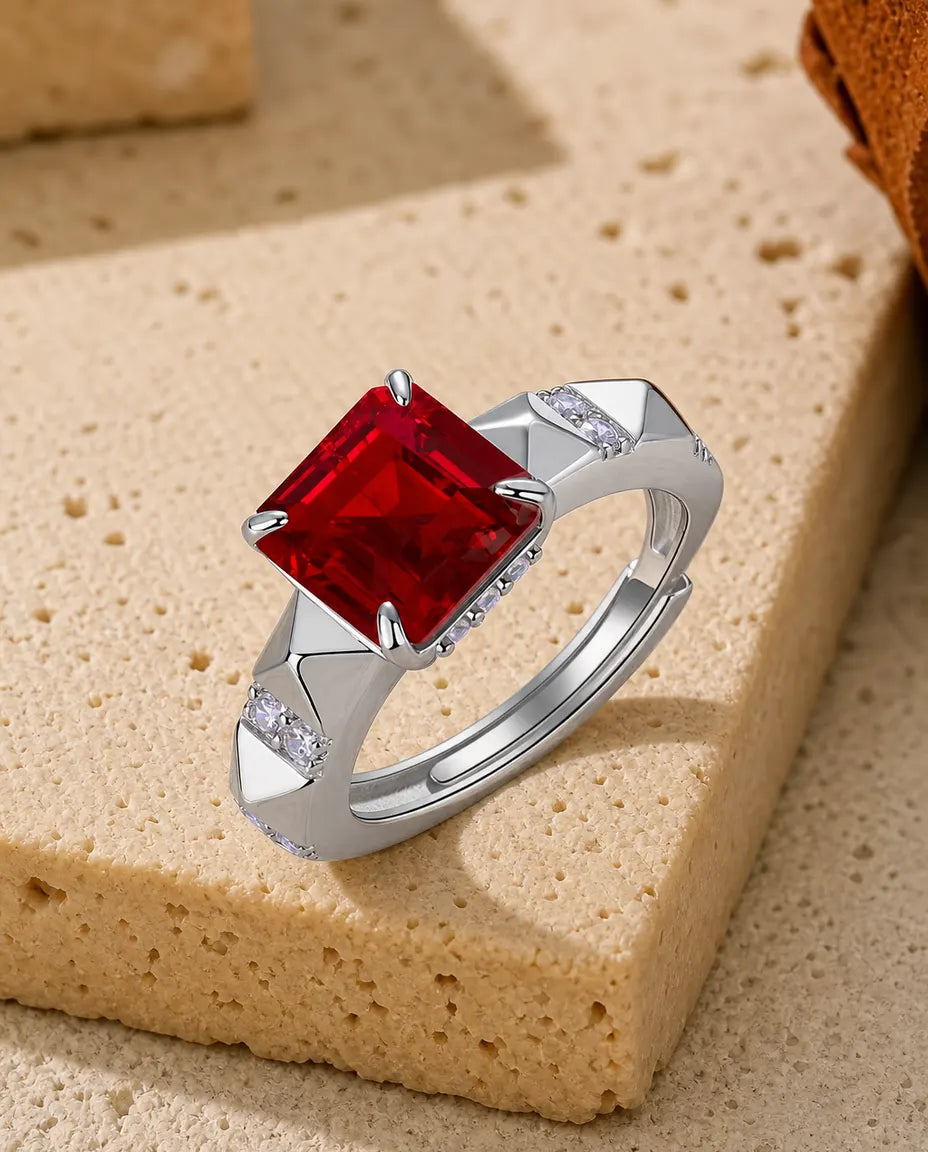 Lab ruby princess square statement adjustable ring in sterling silver with geometric faceted band