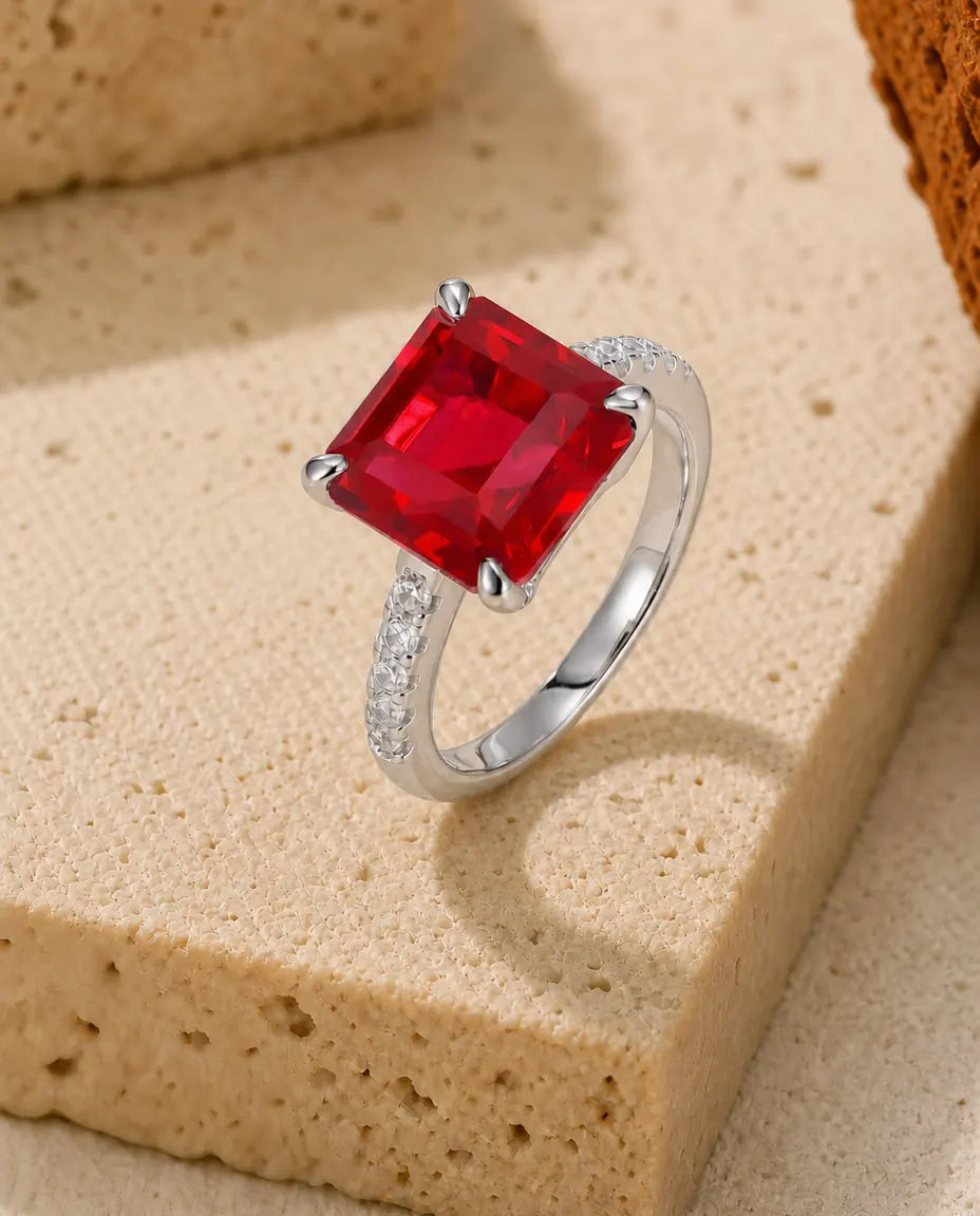 Lab ruby square solitaire ring in 925 sterling silver