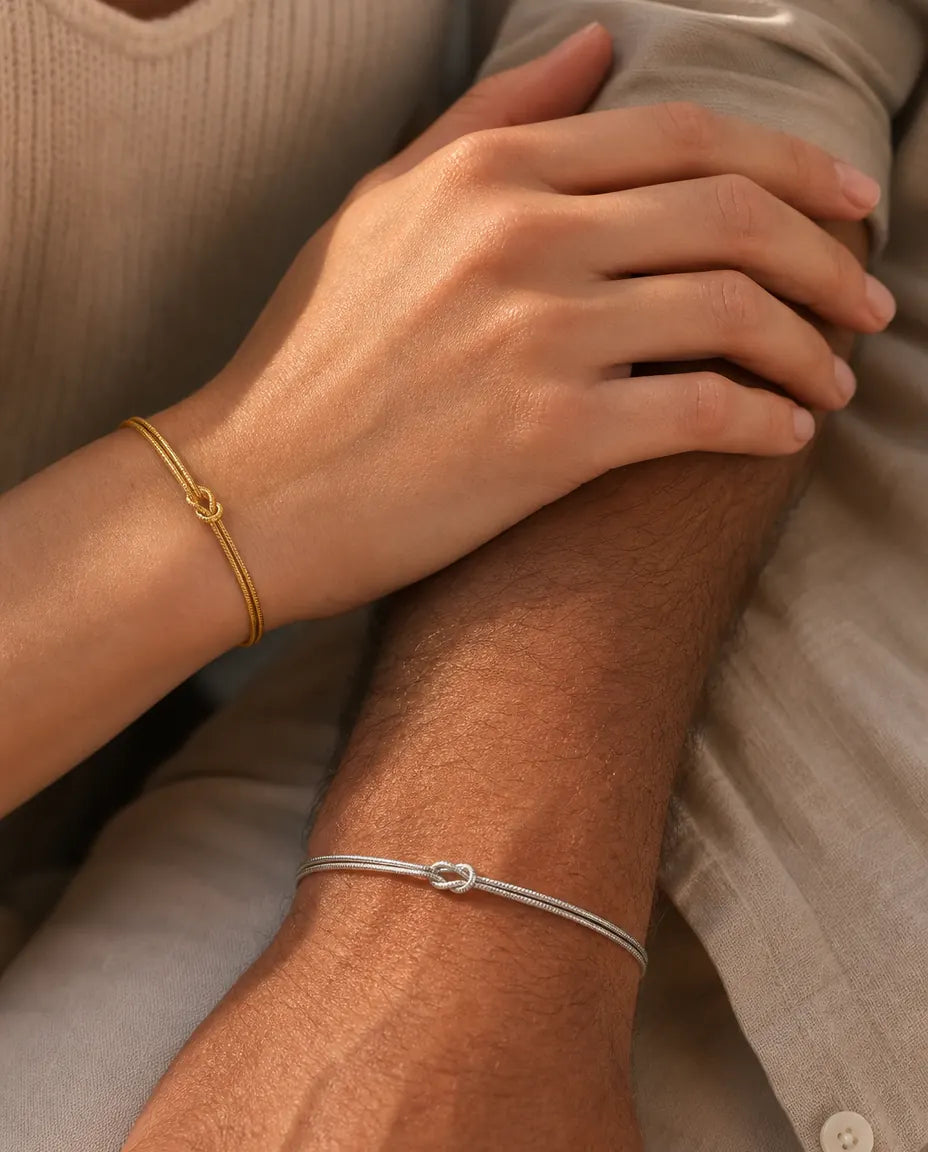 Love knot couple bracelets set of 2 in stainless steel – matching his and hers double snake chain