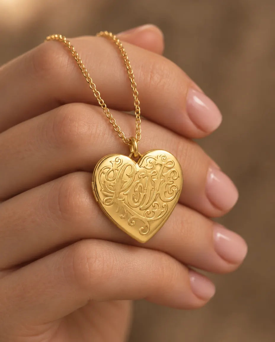 Personalized Photo Locket Necklace That Holds 2 Pictures - Love Script Heart Locket With Mother of Pearl Back held in hand