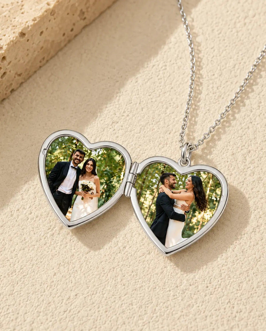 Personalized Photo Locket Necklace That Holds 2 Pictures - Love Script Heart Locket With Mother of Pearl Back, Silver or Gold