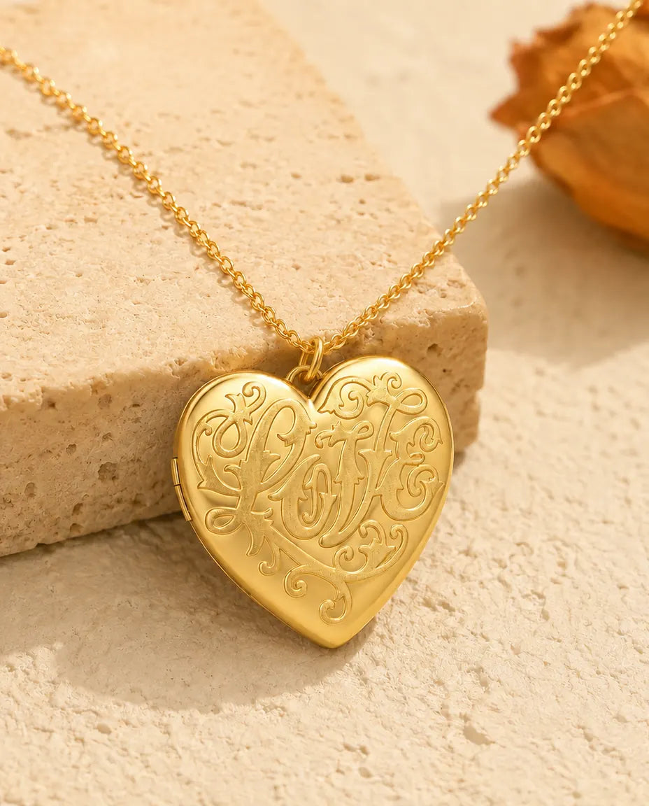 Personalized Photo Locket Necklace That Holds 2 Pictures - Love Script Heart Locket With Mother of Pearl Back, Silver or Gold
