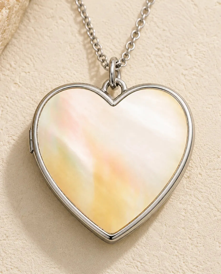 Personalized Photo Locket Necklace That Holds 2 Pictures - Love Script Heart Locket With Mother of Pearl Back, Silver or Gold