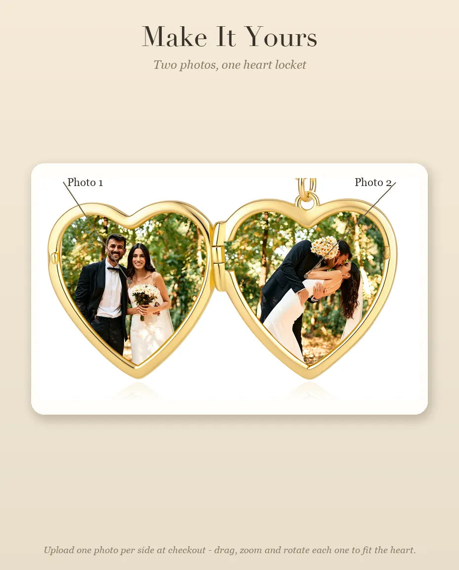 Personalized Photo Locket Necklace That Holds 2 Pictures - Love Script Heart Locket With Mother of Pearl Back, Silver or Gold