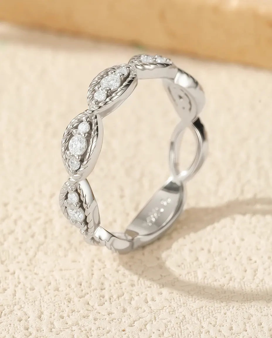 Marquise milgrain moissanite ring in 925 sterling silver, vintage stackable band