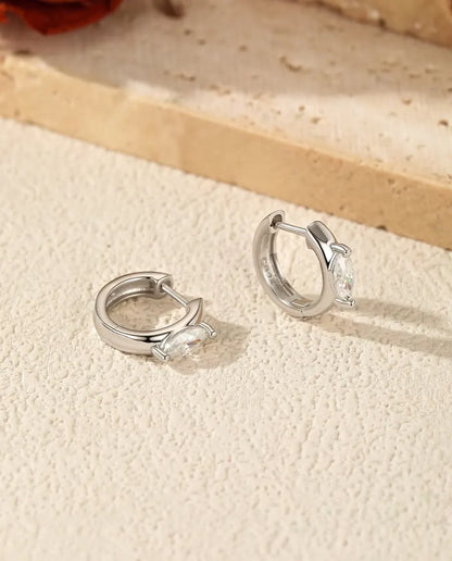 Marquise Moissanite Huggie Earrings - 0.30 ct 3 x 6 mm Marquise Stone per Earring, 11.5 mm Hoops, 925 Sterling Silver