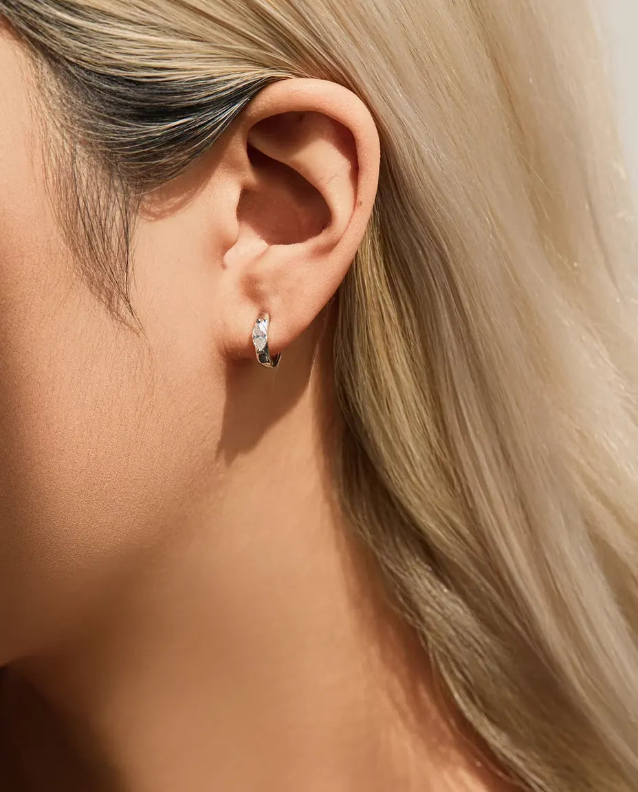 Marquise Moissanite Huggie Earrings - 0.30 ct 3 x 6 mm Marquise Stone per Earring, 11.5 mm Hoops, 925 Sterling Silver