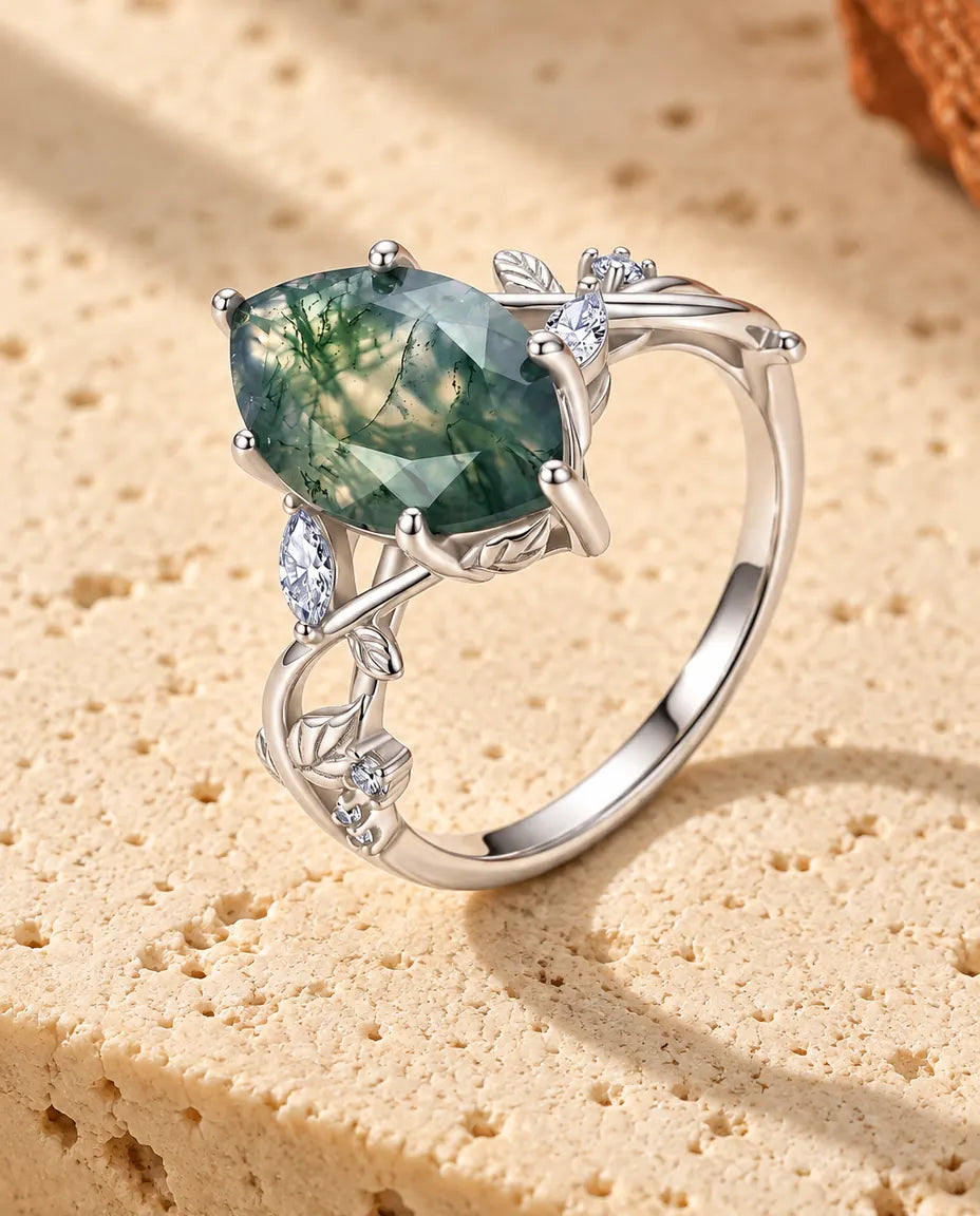 Marquise Moss Agate Ring in 925 Sterling Silver - Vine and Leaf Engagement Ring With Cubic Zirconia Accents, Nature Inspired Gift for Her