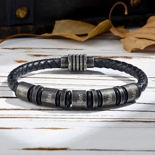 Personalized Men's Bracelet – Black Leather, Engraved Stainless Steel Name Beads for Dad, Father's Day & Birthday Gift