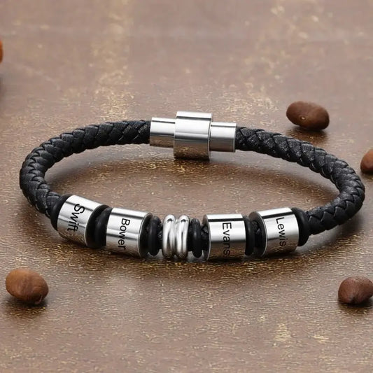 Personalized Name Engraved Men's Leather Bracelet – Black, Stainless Steel – Bracelet Gift for Him, Dad, Boyfriend, Birthday
