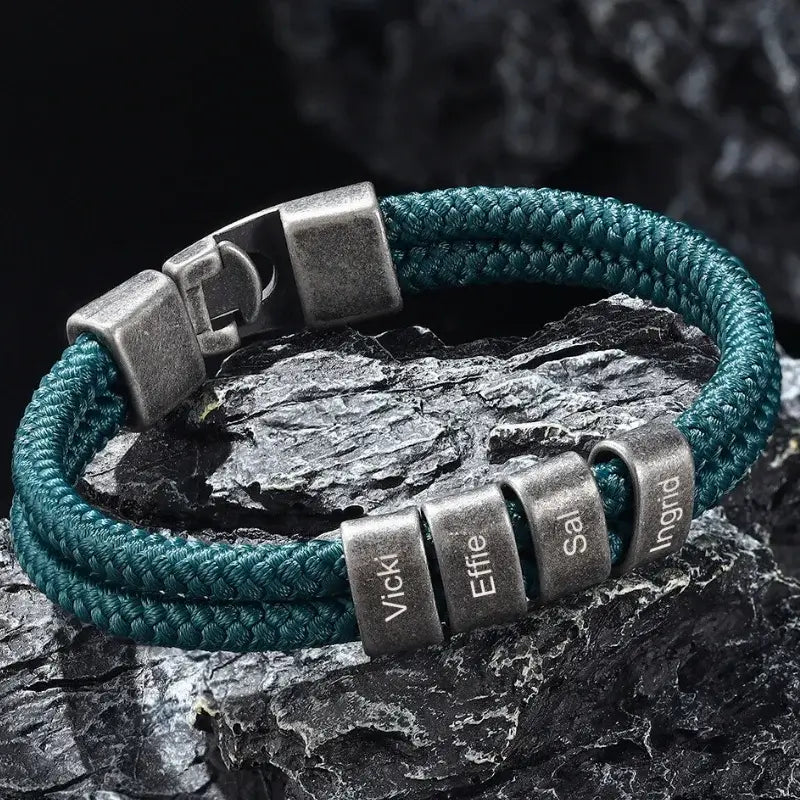 Men's Personalized Engraved Name Bracelet – Green Nylon Cord Bracelet for Him, Stainless Steel, Gift for Dad, Boyfriend, Husband