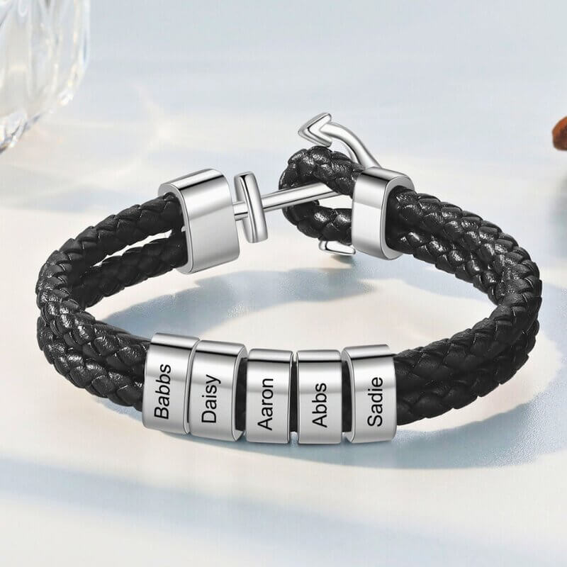 Personalized Men's Leather Bracelet – Anchor with 2-5 Engraved Name Beads, Stainless Steel – Gift for Him, Dad, Birthday