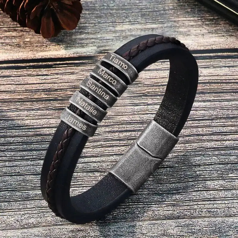 Personalized Men's Leather Bracelet – Black with 2-5 Engraved Name Beads, Stainless Steel – Gift for Him, Dad, Birthday
