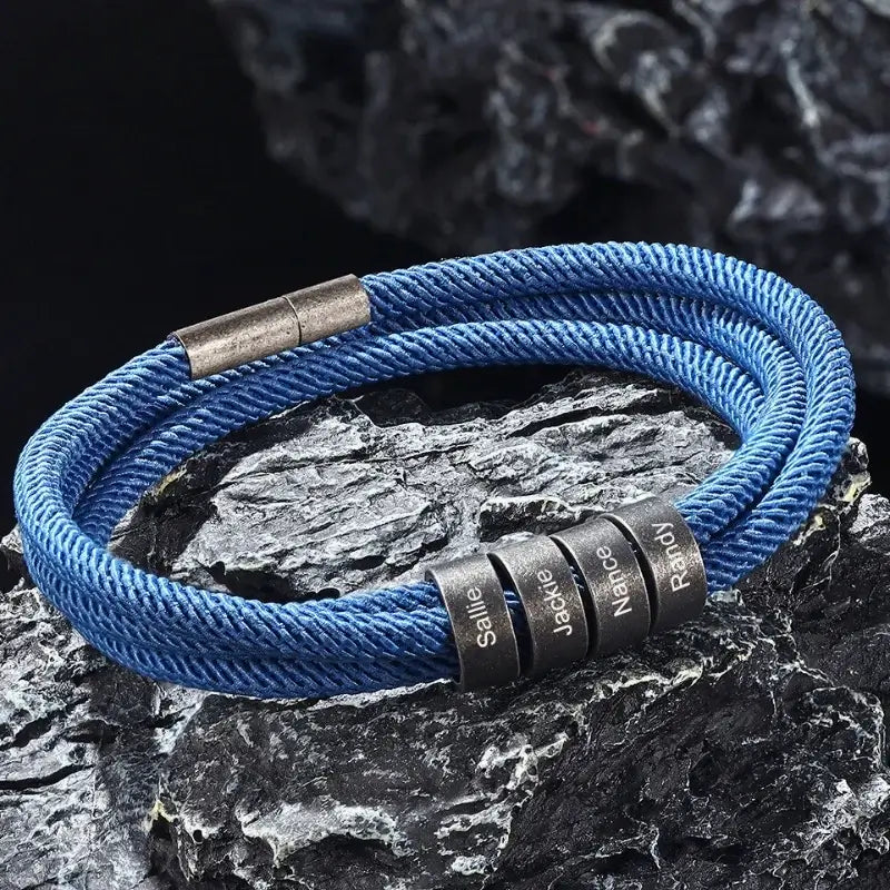 Men's Personalized Name Bracelet – Engraved Bracelet for Him, Stainless Steel and Nylon, Black or Blue, Gift for Dad, Boyfriend, Husband