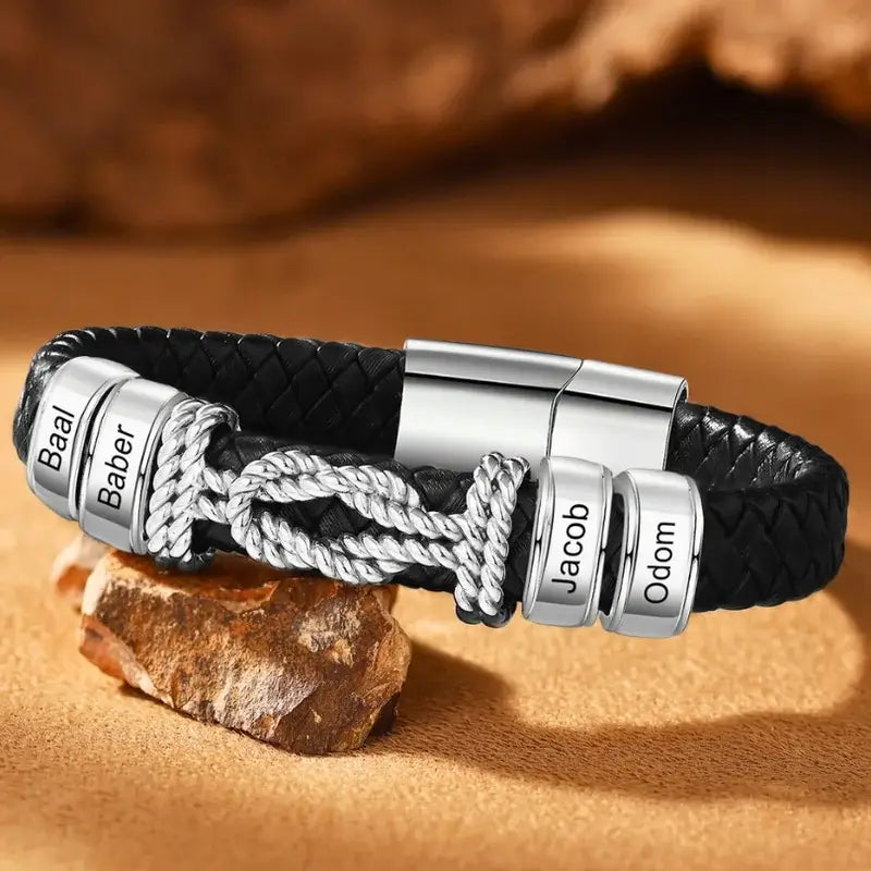 Personalized Engraved Men's Leather Bracelet – Black, Stainless Steel – Name Bracelet Gift for Him, Dad, Boyfriend, Birthday