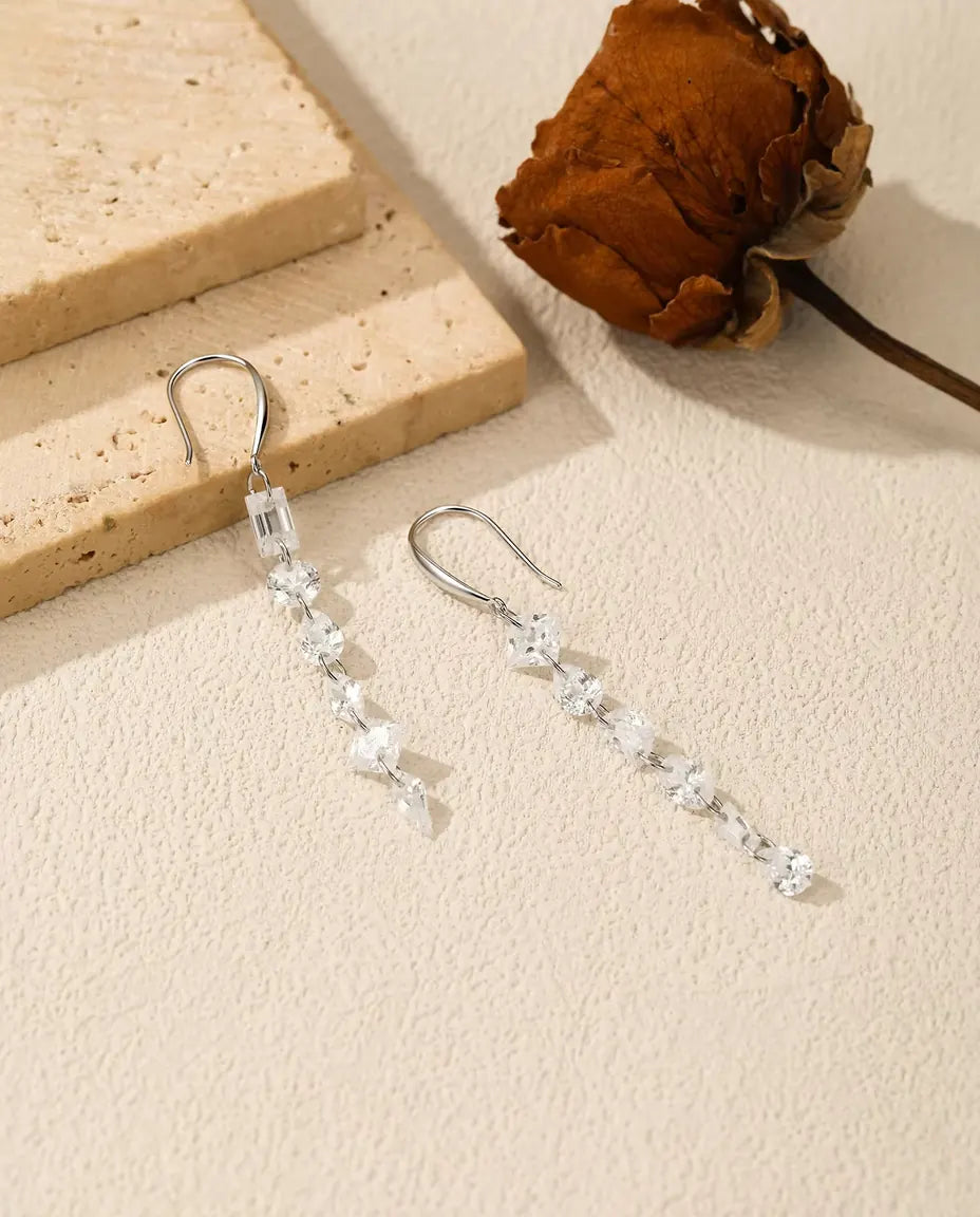 Mismatched Zirconia Drop Earrings - Mixed Cut Linear Danglers in 925 Sterling Silver, Six Stones Each