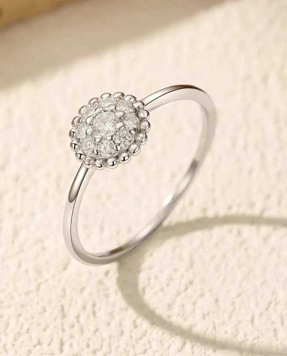 Moissanite Cluster Ring - 0.06 Ct Center with Eight Accent Stones in an 8 mm Beaded Halo, 925 Sterling Silver, Sizes 5 to 9