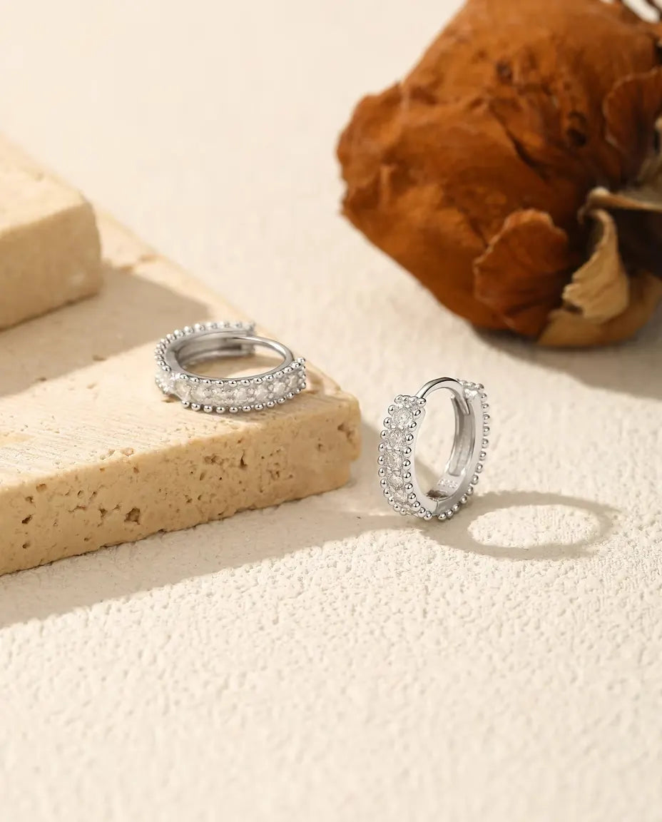 Moissanite Huggie Hoop Earrings - 12 mm Beaded Pave Huggies in 925 Sterling Silver, 14 D Color Stones